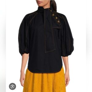 A Loves A Denim 3/4 Puffed Sleeve Pleated Shoulder Tie Neck Denim Top